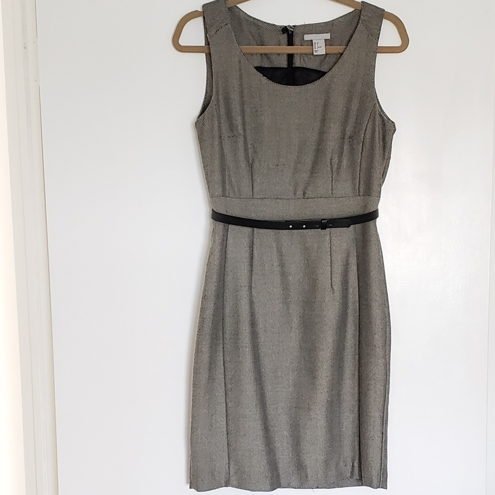 H&M Black and Grey Tweed Sheath Dress with Belt
